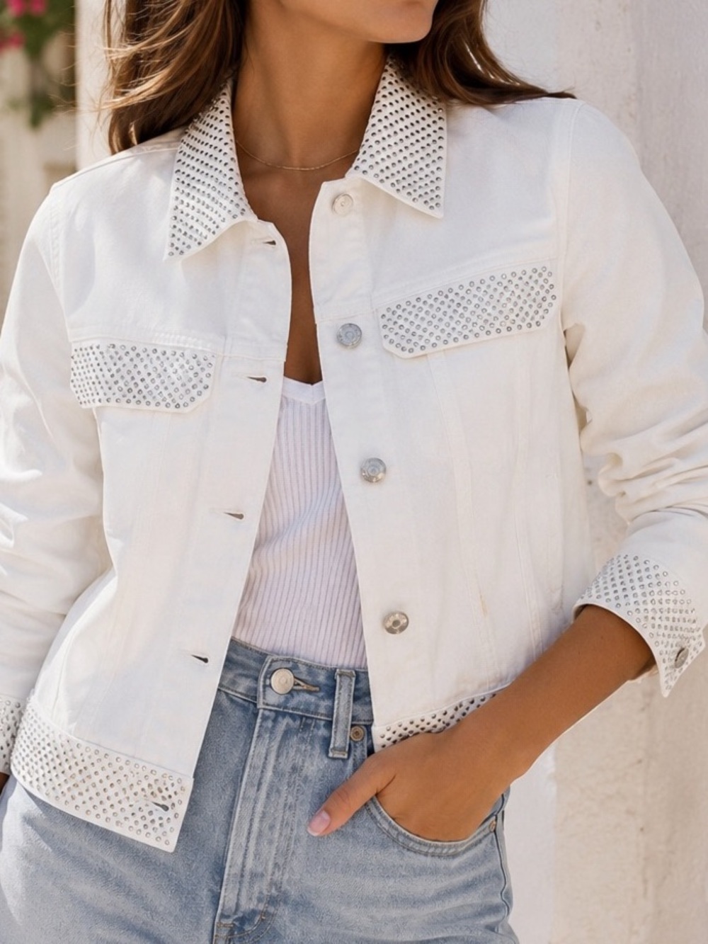 Zadig & Voltaire White Rhinestone Stud Trim Denim Jacket Small Designer